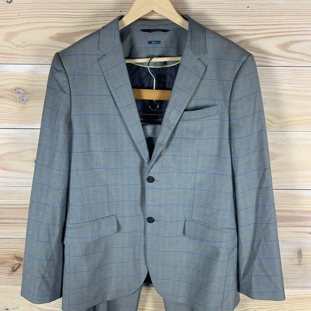 Perry Ellis Suit Mens 44R 36x32 Grey Windowpane Plaid Slim Fit